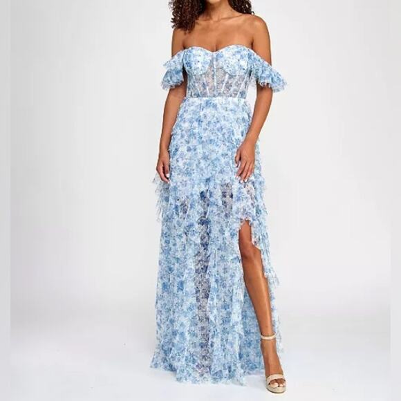 City Studios Juniors' Ruffled Off-The-Shoulder Corset Gown White/Navy Sz 13/14 - Picture 1 of 11